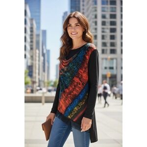 Calessa Women's L Black Long Sleeve Top Colorful Print Draped Beaded Fringe